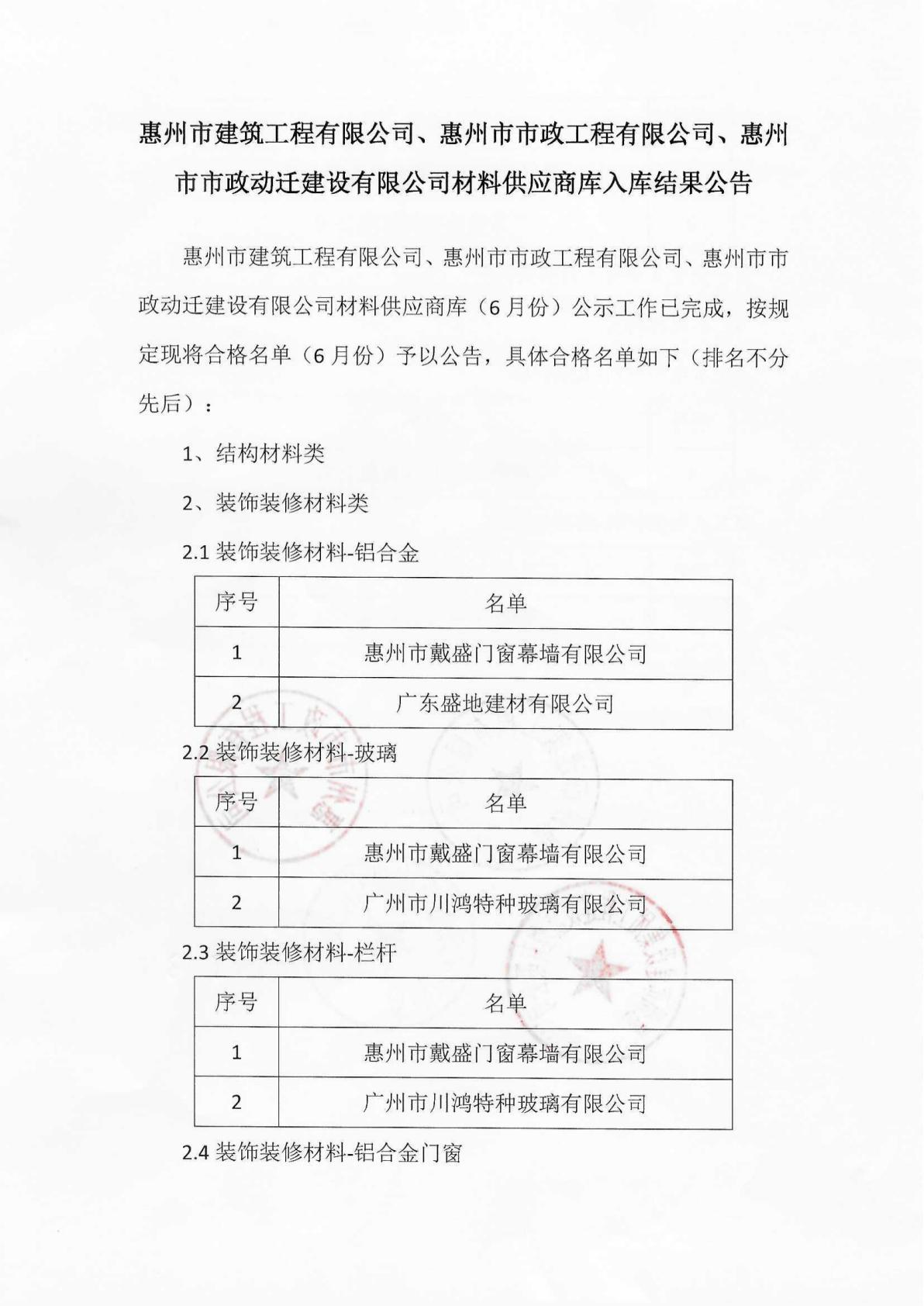 材料供應商庫入庫結果公示
